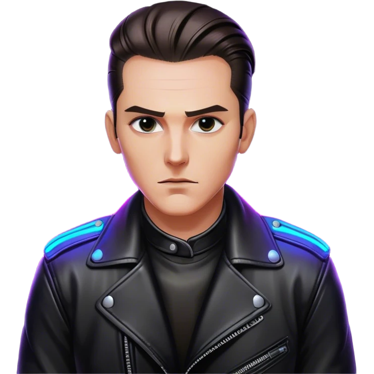 A lone biker with slicked-back hair, wearing a leather jacket, his face partially lit by neon lights emoji
