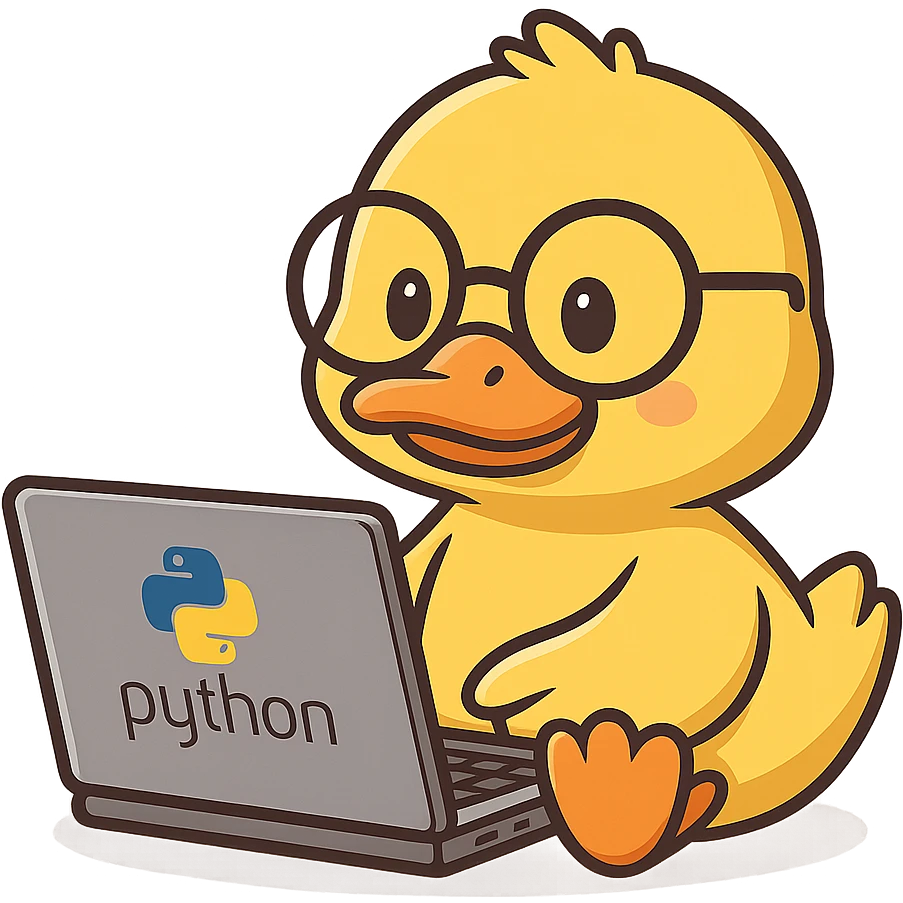 Animated duck wearing glasses, programming Python on a laptop, in a cute cartoon style emoji