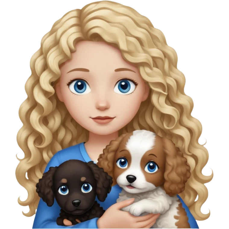 Girl with long curly blonde hair and blue eyes holding black white and brown dog  emoji
