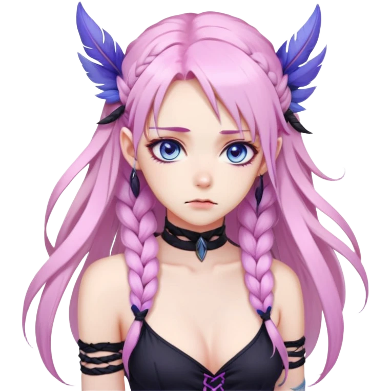 Gorgeous anime lady long-pale-pastel-pink-hair with one braid on each side, grumpy expression, purple-pink feather-ear-cuffs in hair, black bodysuit, blue eyes, pink iris, ethereal, fantasy, emoji