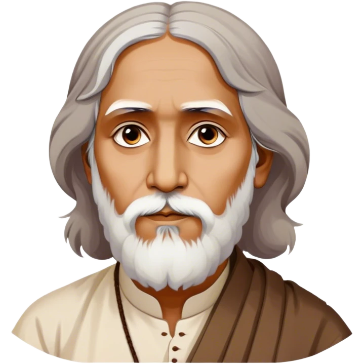 Rabindranath Tagore – Cinematic Realistic Portrait of Rabindranath Tagore, depicted with thoughtful, soulful eyes and gentle features, dressed in traditional Bengali attire with subtle artistic motifs, bathed in warm, soft lighting that evokes his poetic genius and timeless wisdom. emoji
