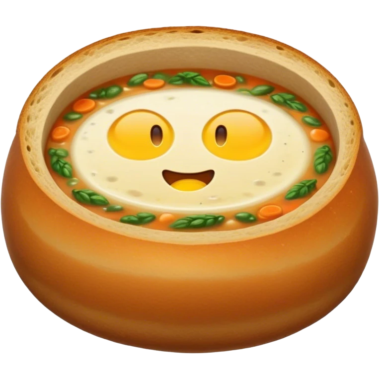 Żurek Cinematic Realistic Żurek Soup Dish Emoji, depicted as a tangy rye soup served inside a hollowed-out round loaf of bread, rendered with rich textures and dynamic, comforting lighting. emoji