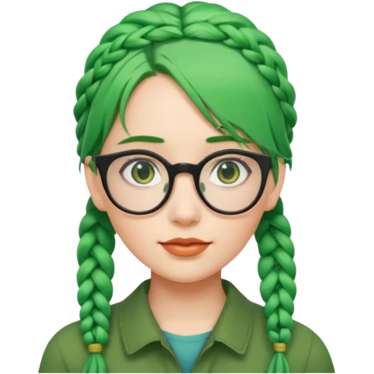 woman with green hairs, braids and  rectangle spectacle, big visible braids and unique face shape, rectangle spectacles emoji