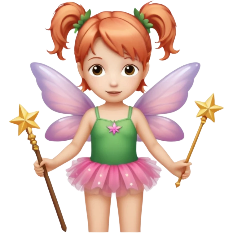 Little girl with fairy wings, wand, and tutu. She has strawberry blond hair with pig tails.  emoji