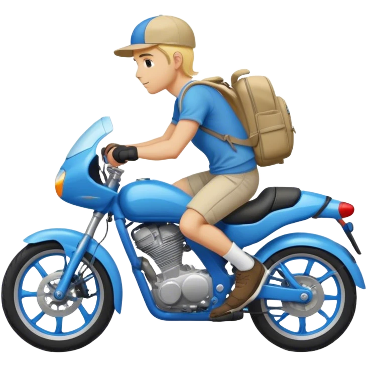 A blond guy in a cap and with a backpack on his back rides a blue sports bike emoji