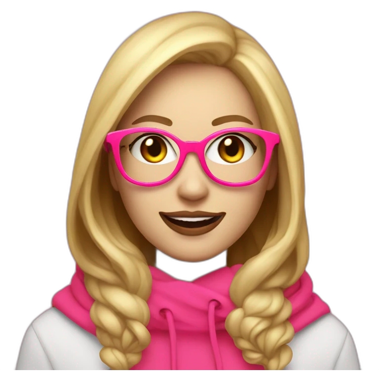 Joyful white woman with a fluorescent pink hood and playful, passionate about programming and art, blond hair red lip round and black eyeglasse emoji