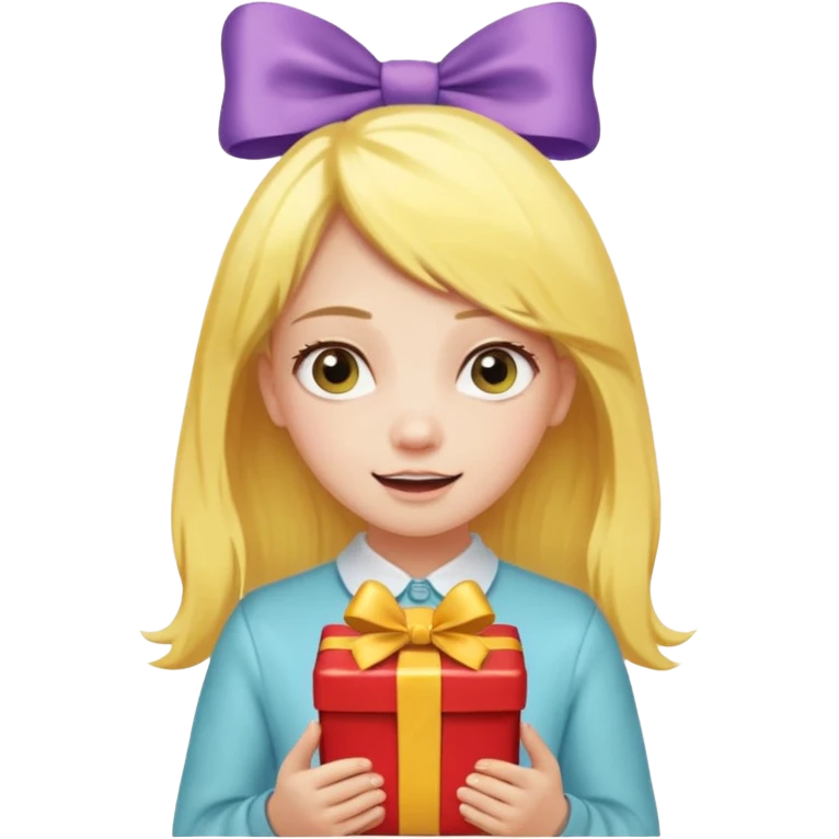 🥳🎀  sarı saçlı kız p saçının üstünde toka var tokat atmış iyi ki doğdun teyzeciğim diyor hem hediye var elimde çok kafasına tokat atmış emoji