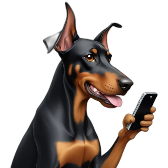 doberman dog playing with phone emoji