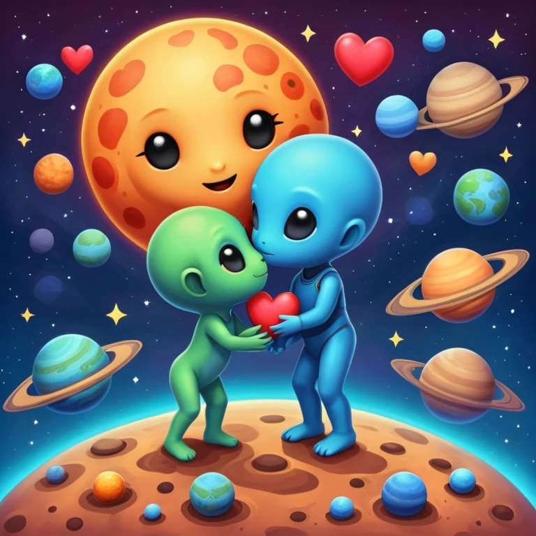 Cute cosmic scene with heart planets and small alien couples kissing and hugging on the planets, colorful solar system emoji
