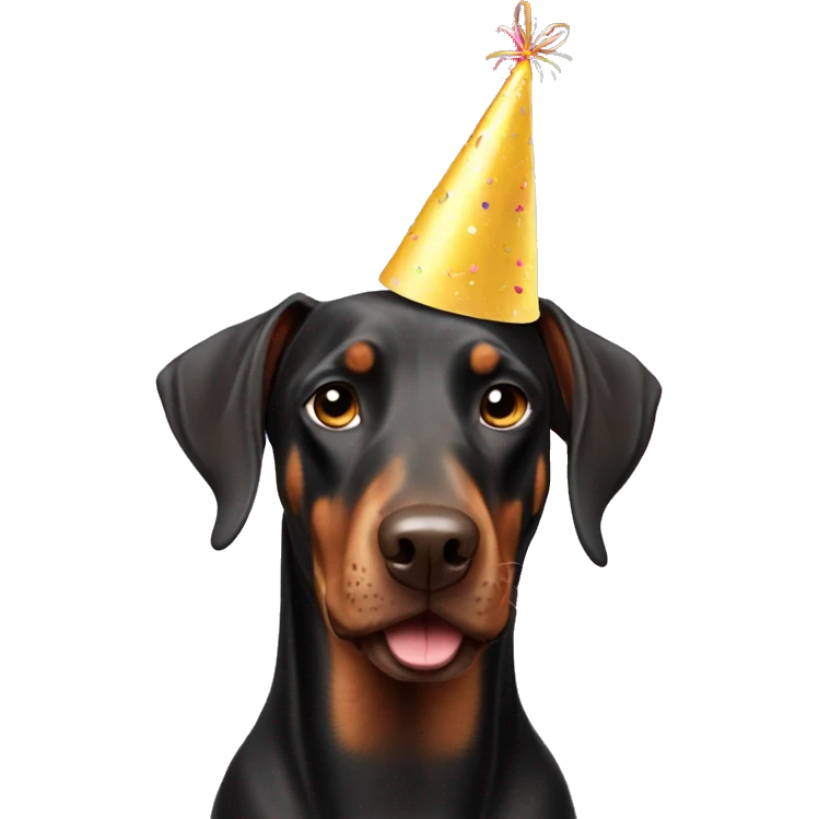 Doberman with a birthday hat emoji