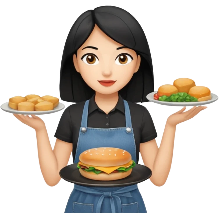 waitress with black hair and a food plate with a black tshirt and ª jeans apron. with a bigger plate and the plate with a tapa emoji
