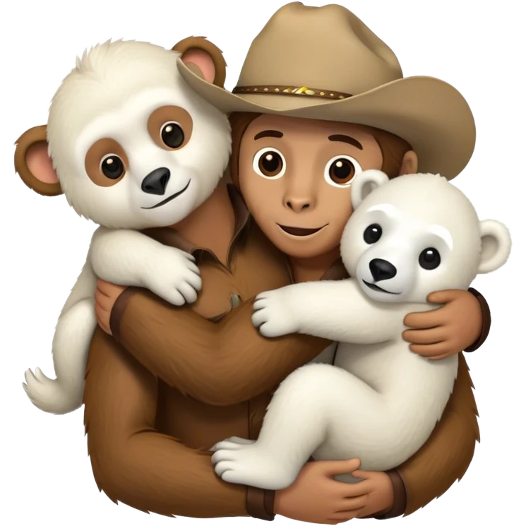 A big monkey, a cowboy, and a polar bear hugging  emoji
