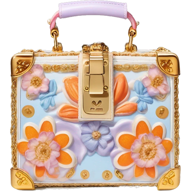 Dolce and Gabbana small box bag with white and colourful lavender light blue orange pink summer print and golden detais 2023 emoji