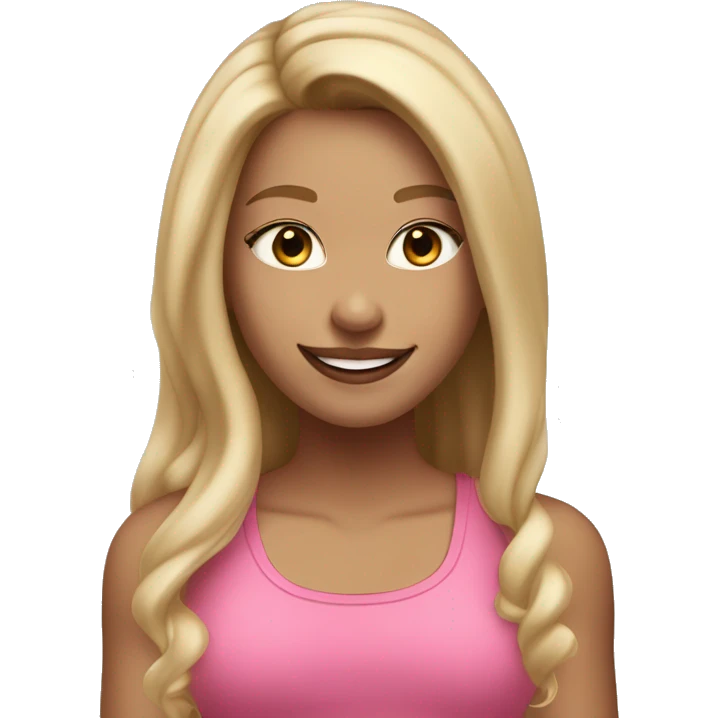 Girl with pink tank top and lighter skin straight dirty blonde hair with light blonde highlights with makeup smiling and long hair emoji