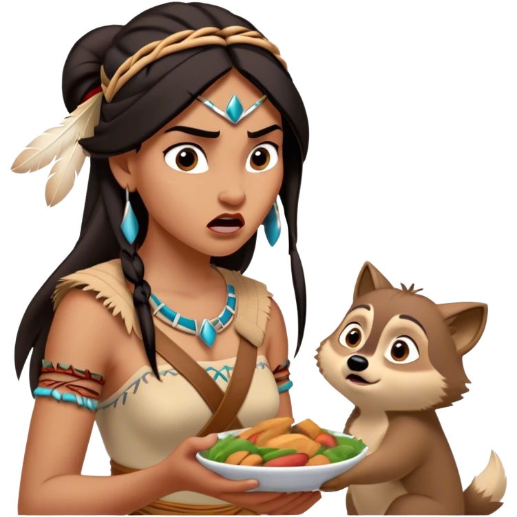 Cinematic Funny Pocahontas Portrait Emoji, Looking bewildered as Meeko steals her food, one brow raised in playful frustration, a warrior princess caught in a hilariously relatable moment, wild yet endearing! emoji