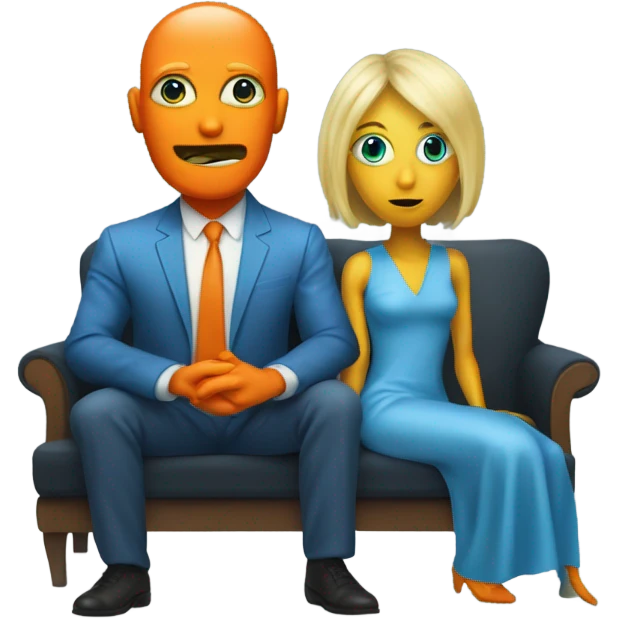 blonde alien reptilian woman in orange dress and humman man in blue, sitting on a couch  emoji