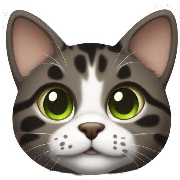 Dark brown and black and dark grey tabby dark brown black spotted with white paws cat with brown-green eyes and white neck sits emoji