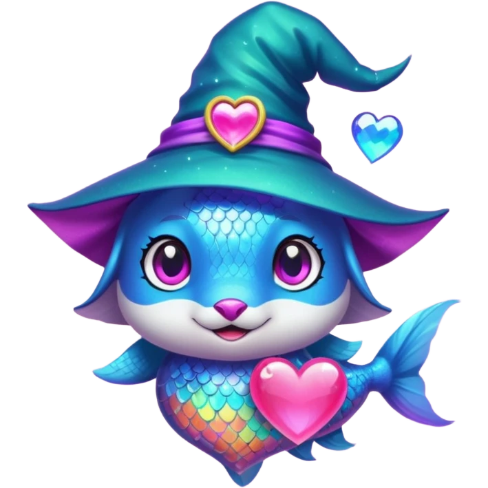 Make the rainbow fish glow with a magical aura and change the blue fox to a neon teal color, keep the purple sparkly witch hat, magical background, and big pink heart in vibrant toon style. emoji