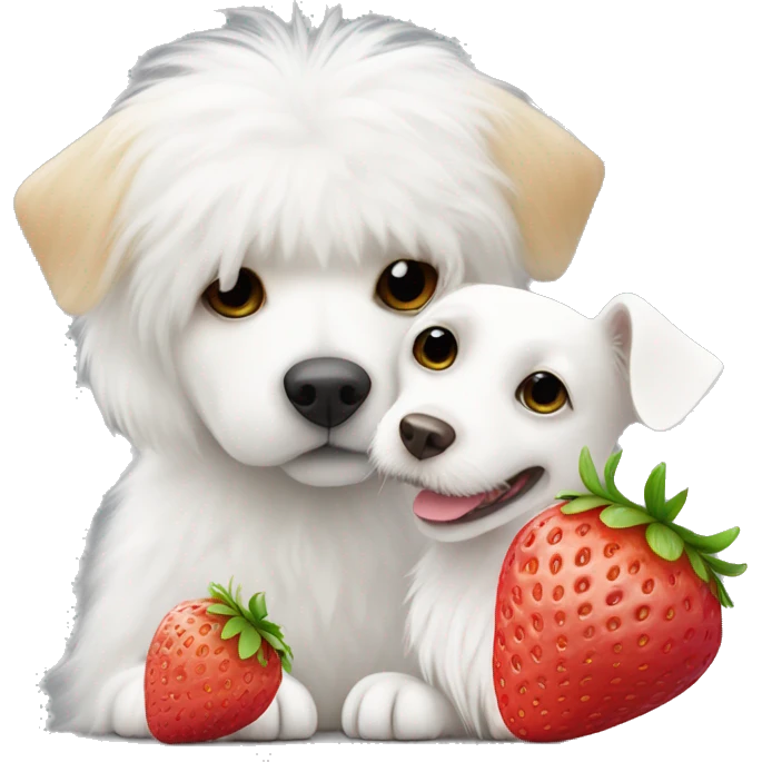 White furry dog with strawberry on its head kissing another white furry dog emoji