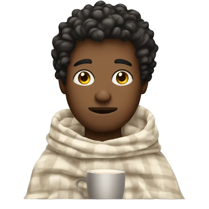 man with short curly hair black inside a blanket sipping coffe eyes closed emoji