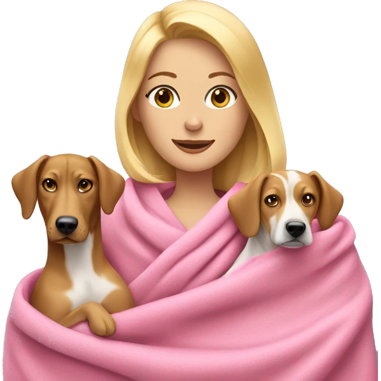 blonde woman wrapped in pink blanket with two hound dogs emoji
