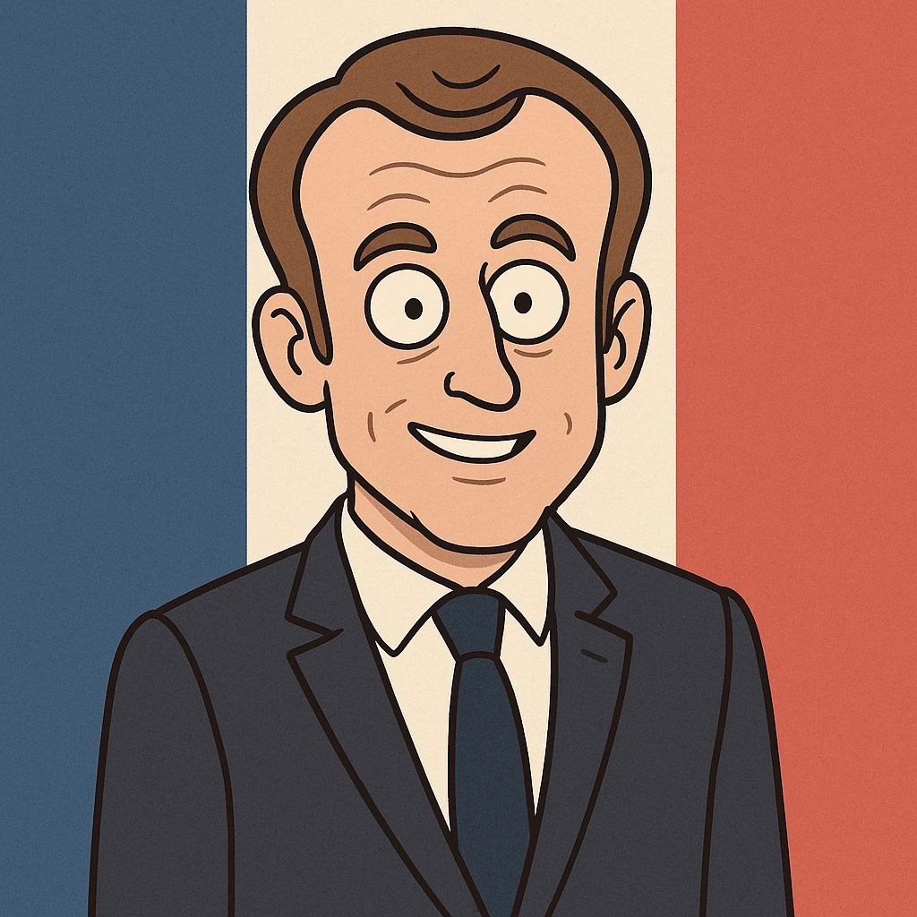 cartoon version of Emmanuel Macron with a French flag background emoji