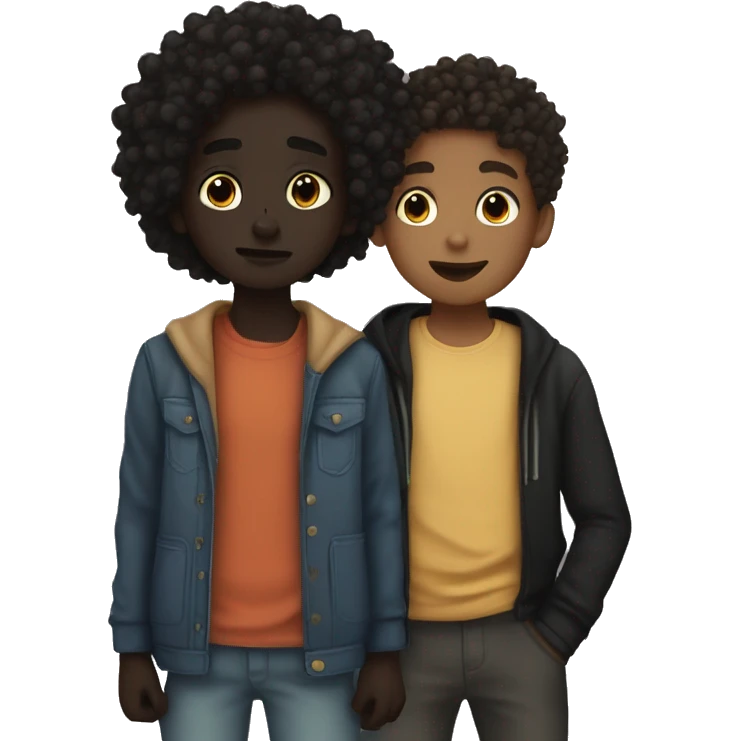 darkskin boy with dread and light skin boy with black curly hair kissing emoji