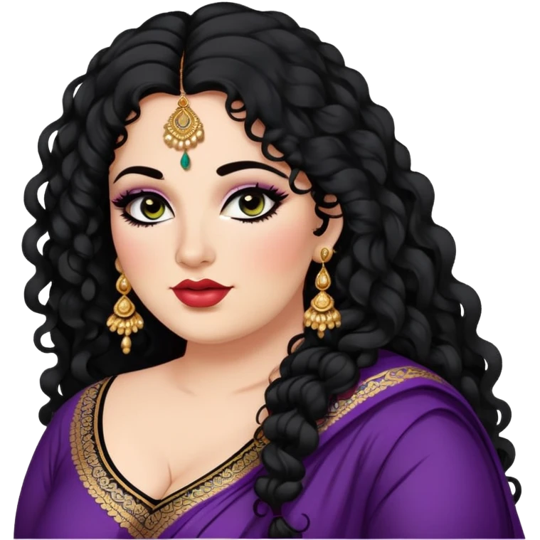 big plus size, fair skin, long black curly hair, baddie,pretty, makeup, lipgloss, black eyeliner, loose dupatta, indian
 emoji