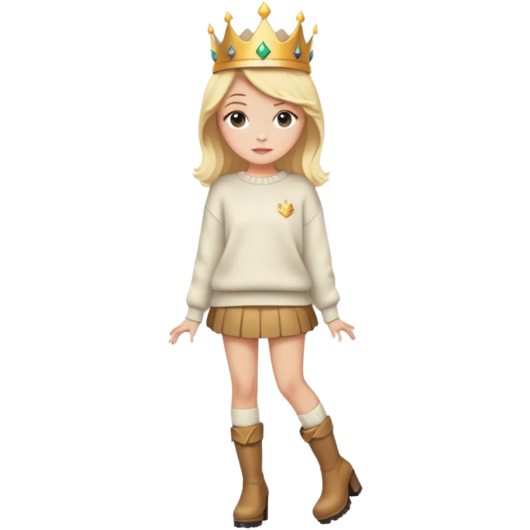 ragazza bionda con la corona,gonna corta e maglione oversize e stivali col tacco emoji