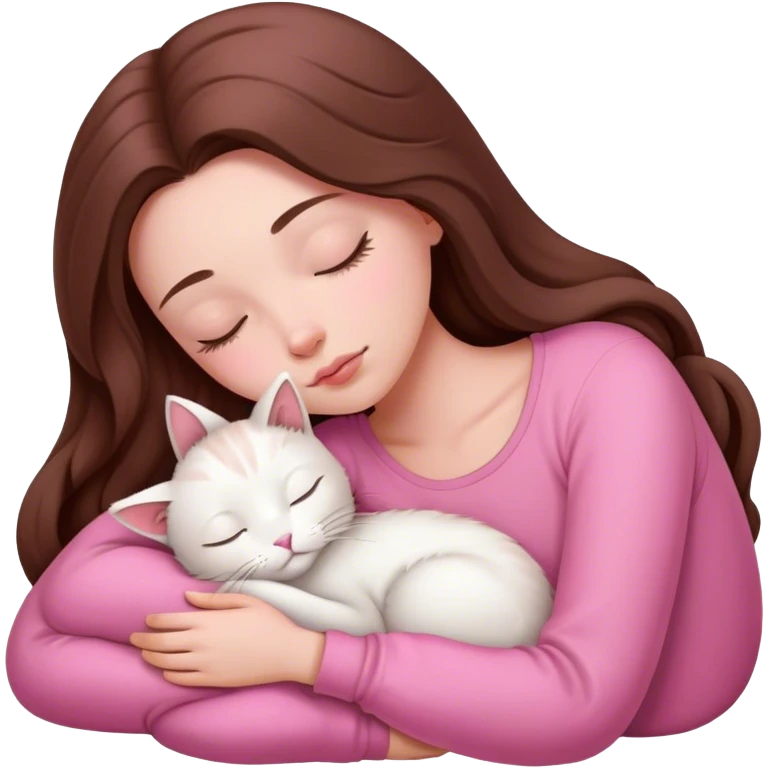 A pretty white girl with very long brown hair and pink clothing sleeping curled up to a white cat  emoji