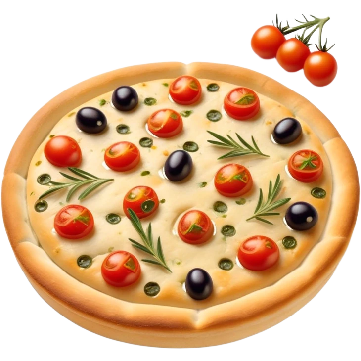 cinematic-realistic-focaccia-bread-dish-emoji,-depicted-as-a-golden,-olive-oil-brushed-flatbread-sprinkled-with-herbs-rendered-with-lifelike-texture-and-soft,-appetizing-lighting showing olives on top and the cherry tomatoes emoji