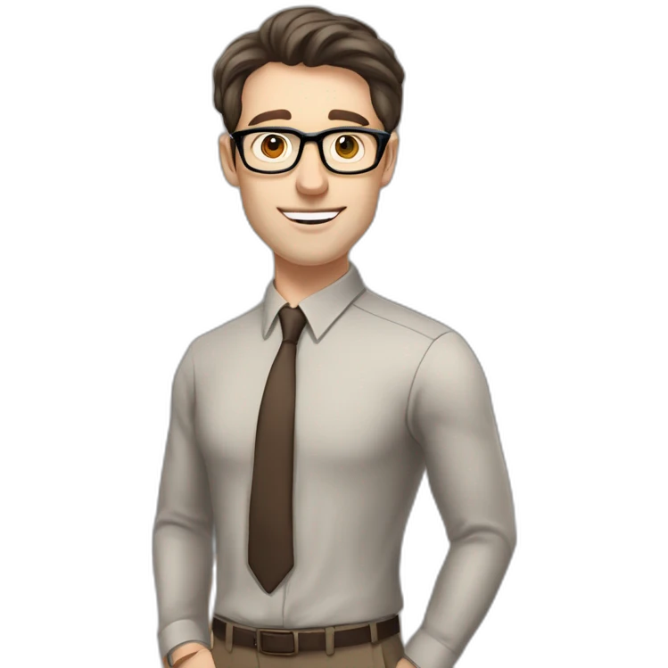 Pale skinned fit man with dark brown hair in gray jacket, beige office shirt, brown tie, brown pants and vintage glasses Writing text on the flipchart emoji