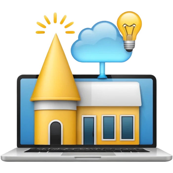 Emoji de una agencia creativa: edificio moderno pequeño con laptop y bombilla de ideas, estilo emoji minimalista, colores planos, líneas limpias, aspecto profesional y amigable, fondo transparente. emoji