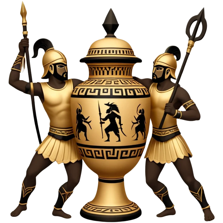 Cinematic-realistic Grecian urn, an exquisite black-figure pottery masterpiece resting in the dim glow of an ancient temple. Intricate golden depictions of two warrior fighting with spears and warriors encircle its curved form, telling timeless myths of heroism and tragedy.  emoji