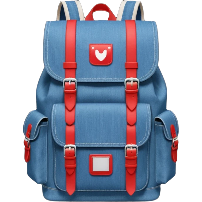 a blue denim backpack with a flap top, two vertical *black buckle straps* on the front. The backpack has two side pockets and a soft square shape. at front pocket bottom side, red and white two divided logo like tommy hilfiger 

 emoji