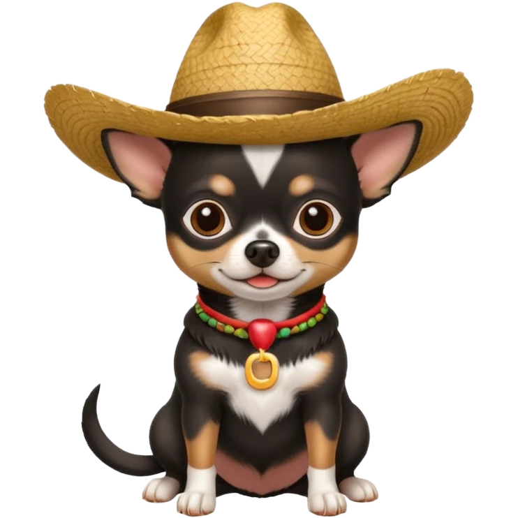 Chihuahua negro con cafe con sombrero de paja emoji
