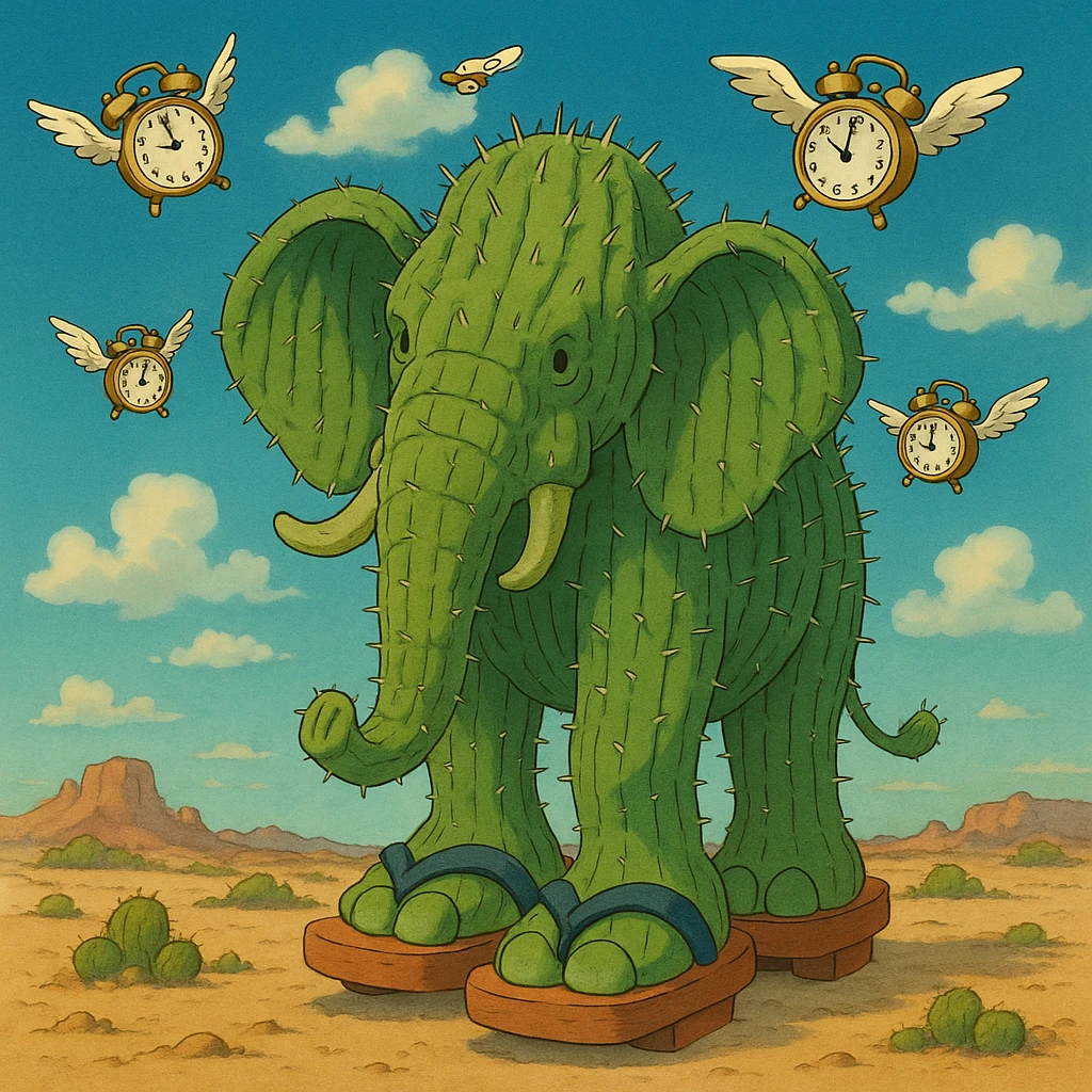 giant cactus elephant wearing huge sandals in a desert with flying alarm clocks in the sky, inspired by Lyriq LaRue from Super Brainrot emoji