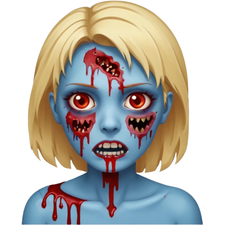 zumbi feminino com cortes no rosto, olhos baixos e vermelhos, cabelo loiro e rosto azul escuro, boca e olhos sangrando cm fundl azul e mais sangues possível emoji
