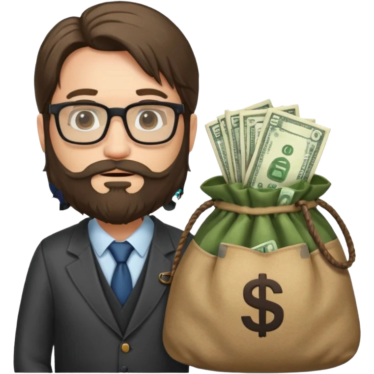 Un emprendedor (emoji con ordenador) de unos 50 años con barba y pelo largo más gafas de pasta y con un icono de ordenador y una bolsa de dinero emoji