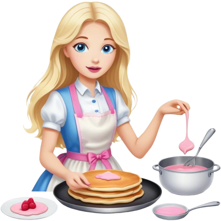 Cinematic realistic beautiful blonde with long hair, blue eyes and pink lips in a white dress cooks pancakes emoji