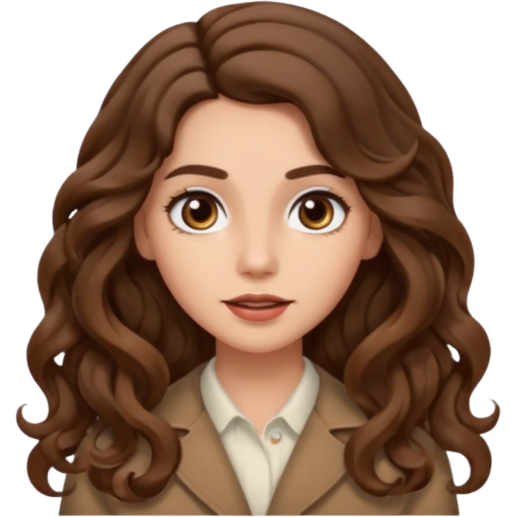 She has long, brown hair styled in soft wavy curls with a middle part. She has well-shaped eyebrows and dark brown eyes. She is wearing light makeup that highlights her natural beauty and is offering a slight smile to the camera. She is surprise emoji