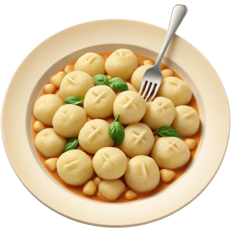 Gnocchi Cinematic Realistic Gnocchi Dish Emoji, depicted as tender potato dumplings garnished with iconic fork marks on top, rendered with soft textures and warm, inviting lighting. emoji