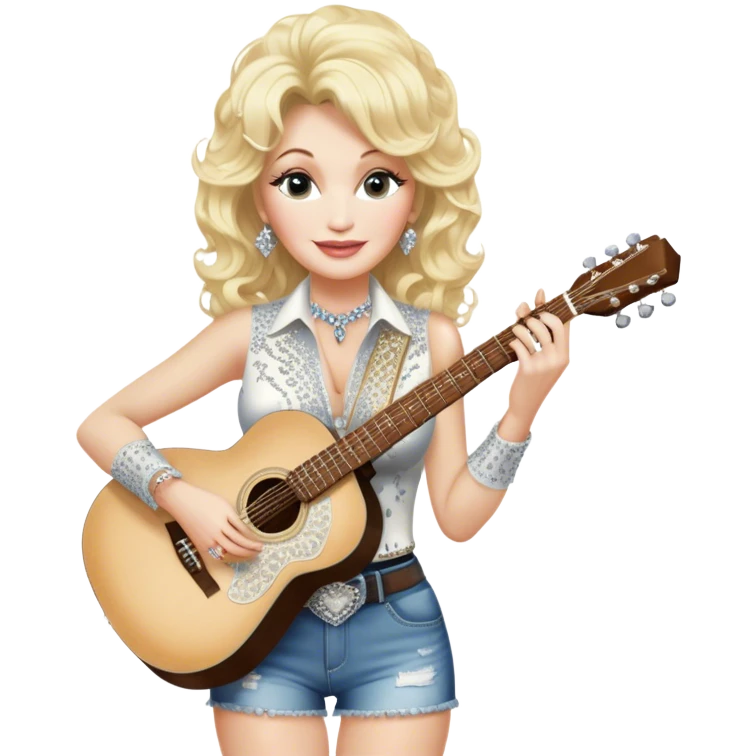 Icon for Country Music: Dolly Parton with her signature blonde curls, wearing a rhinestone-embellished outfit, holding an acoustic guitar. A classic country backdrop with musical notes, emphasizing her legendary status. Transparent background. emoji