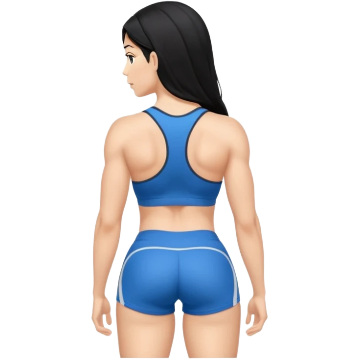 fitness model pose direct back view hyperealistic with very developed and spread out glute muscles black hair, gym fits and shorts emoji