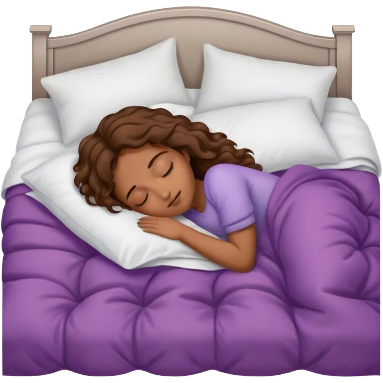 Chica morena castaña, ondulada, dormida en edredón de cama emoji