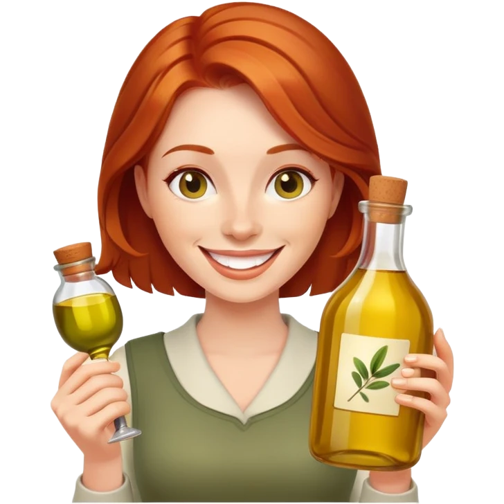 redhead woman with big smile holding olive oil bottle emoji
