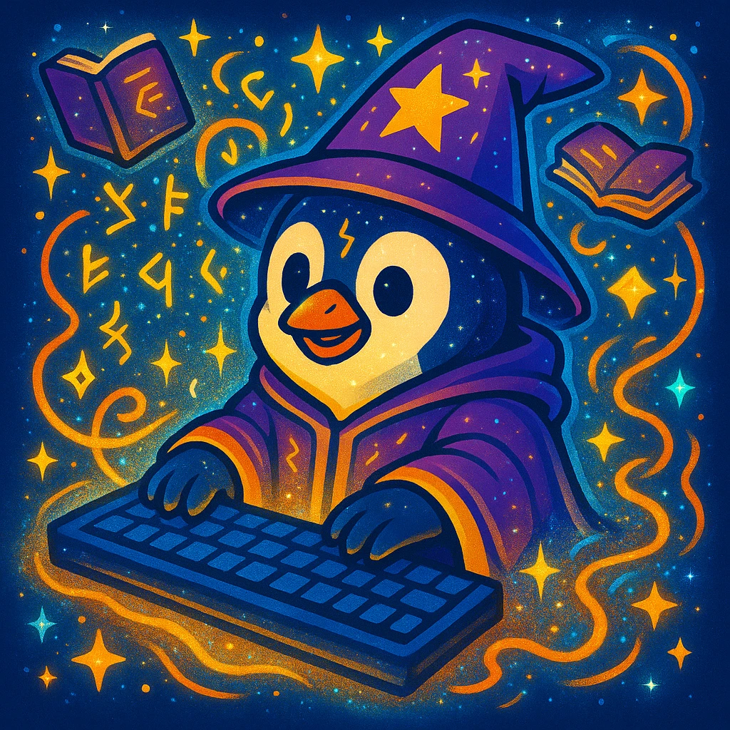 Make the penguin wizard scene even more magical, with glowing runes, swirling sparkles, floating spellbooks, and a shimmering aura around the penguin and keyboard. Enhance the magical atmosphere with vibrant mystical effects. emoji