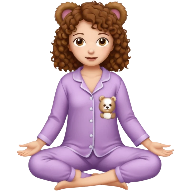 Woman with brown eyes, brown curly hair, white skin, full body in cute pijama bear emoji
