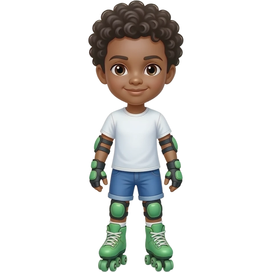Child black boy curly hair, standing upright, wearing green elbow pads and knee pads, with green  roller skates, ready-to-play expression, front-facing pose. emoji