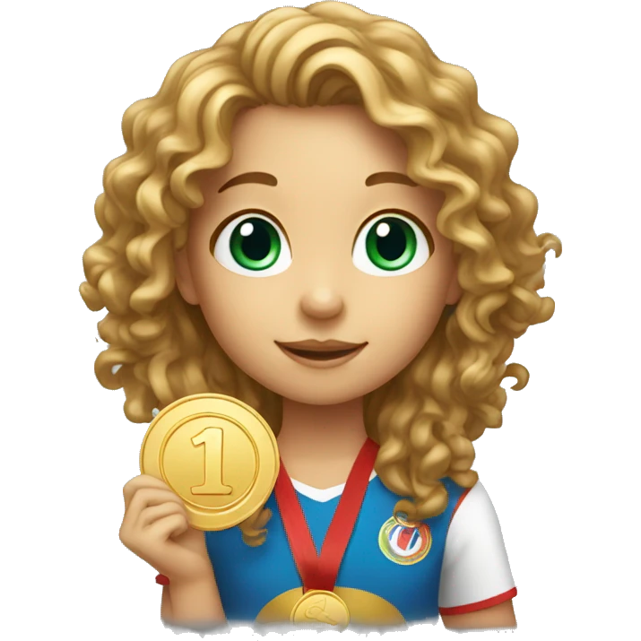 Genius girl with curly long hair holding a gold medal emoji